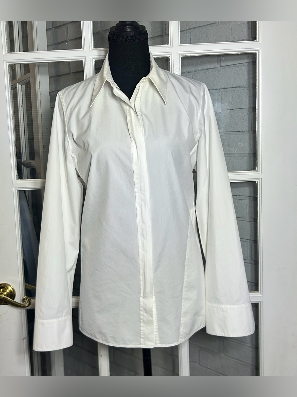 Akris Blouse Cotton/Silk Zip Front s8 Women’s Collared Long Sleeve Pocket